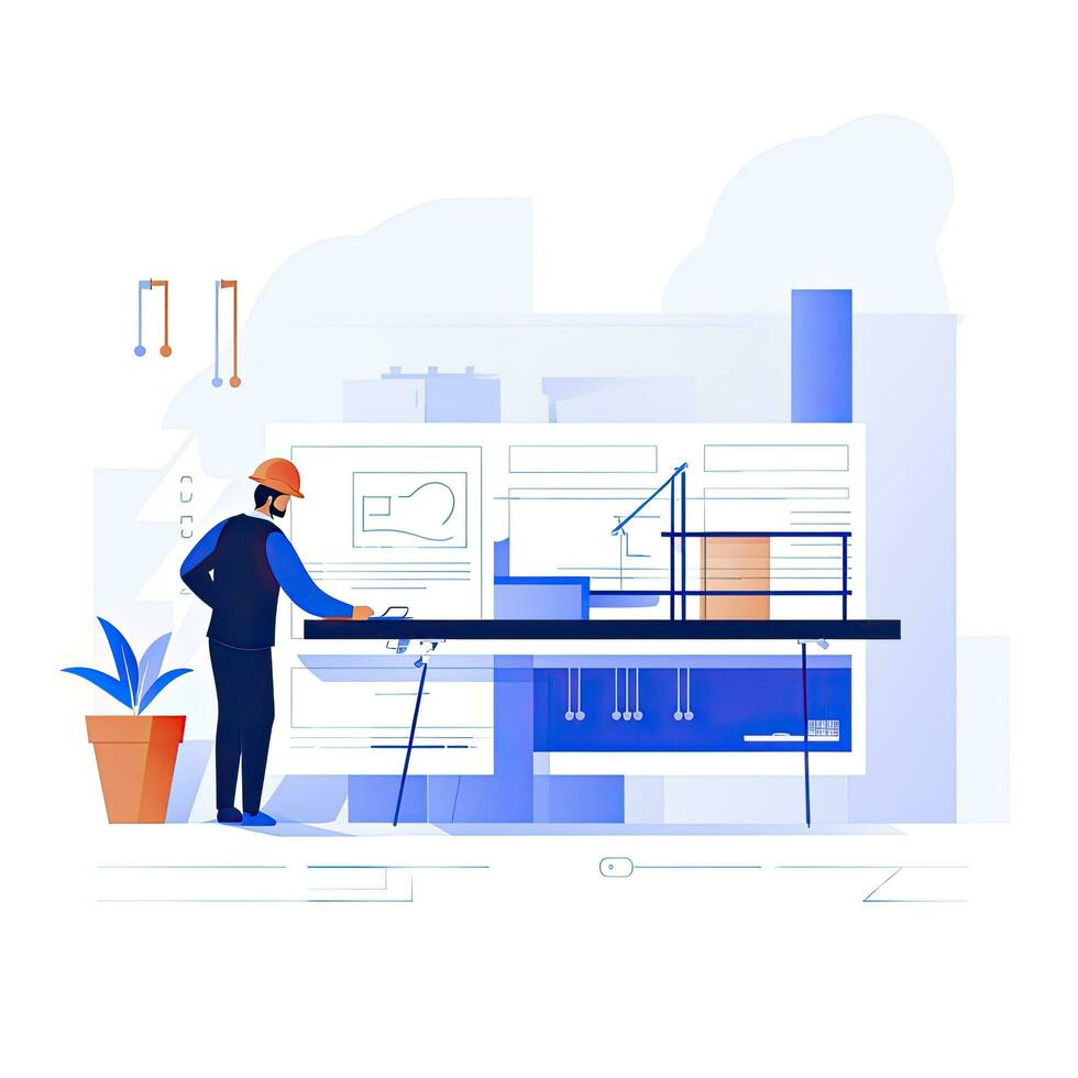 AI generated Minimalist UI illustration of an architect drawing blueprints in a flat illustration style on a white background photo