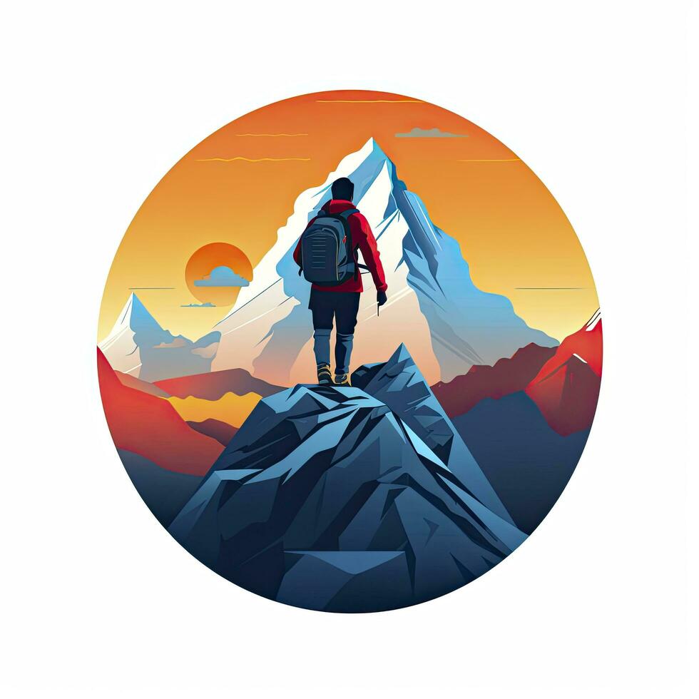 AI generated Triumphant Mountaineer at Summit, Minimalist Flat Design Illustration on White photo