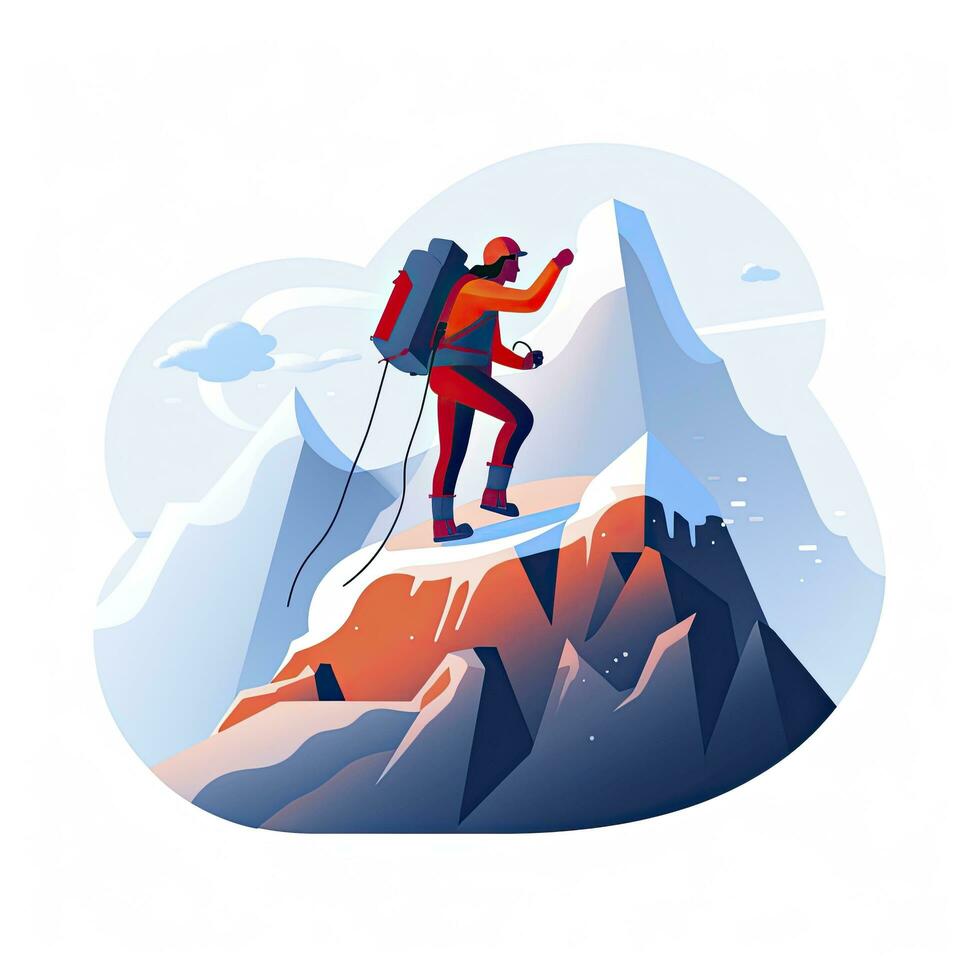 AI generated Triumphant Mountaineer at Summit, Minimalist Flat Design Illustration on White photo