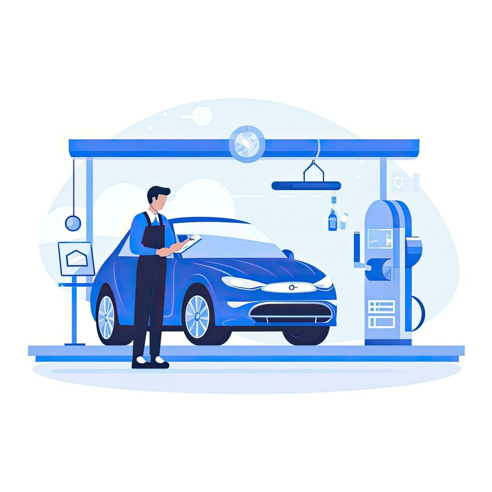 AI generated Minimalist UI illustration of a mechanic repairing a car in a flat illustration style on a white background photo