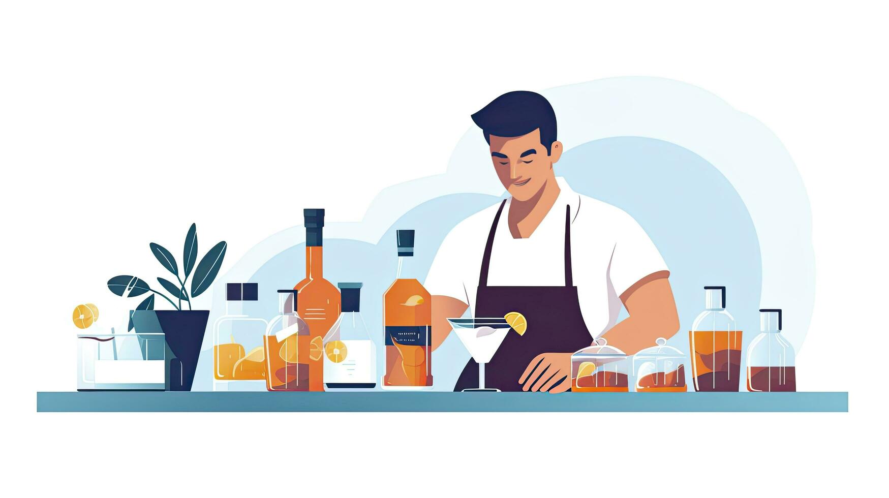AI generated Minimalist UI illustration of a mixologist crafting cocktails in a flat illustration style on a white background. photo