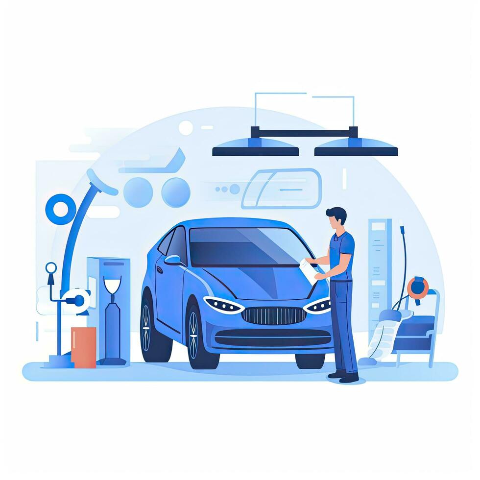 AI generated Minimalist UI illustration of a mechanic repairing a car in a flat illustration style on a white background photo