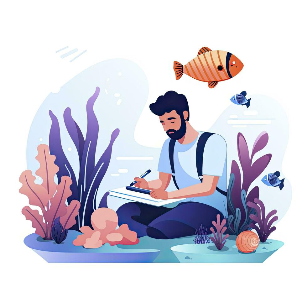 AI generated Minimalist UI illustration of a marine biologist studying ocean life in a flat illustration style on a white background. photo