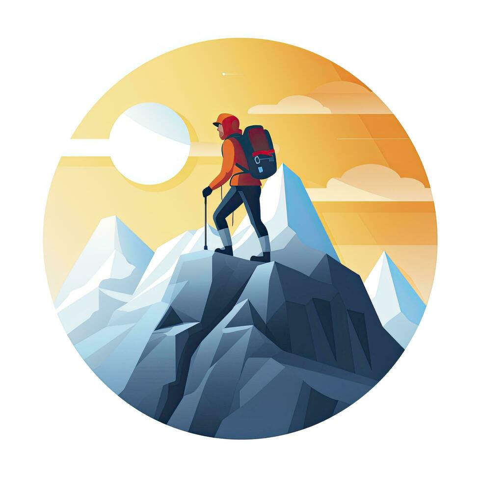 AI generated Triumphant Mountaineer at Summit, Minimalist Flat Design Illustration on White photo