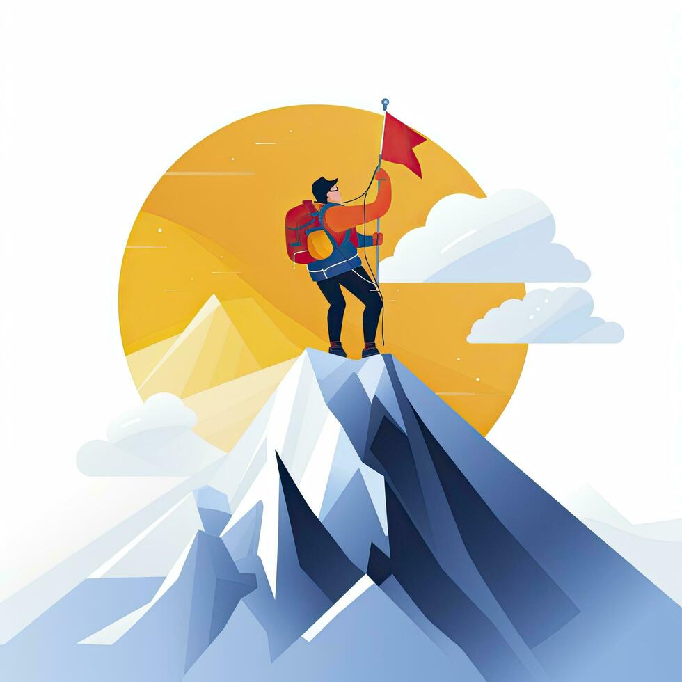 AI generated Triumphant Mountaineer at Summit, Minimalist Flat Design Illustration on White photo