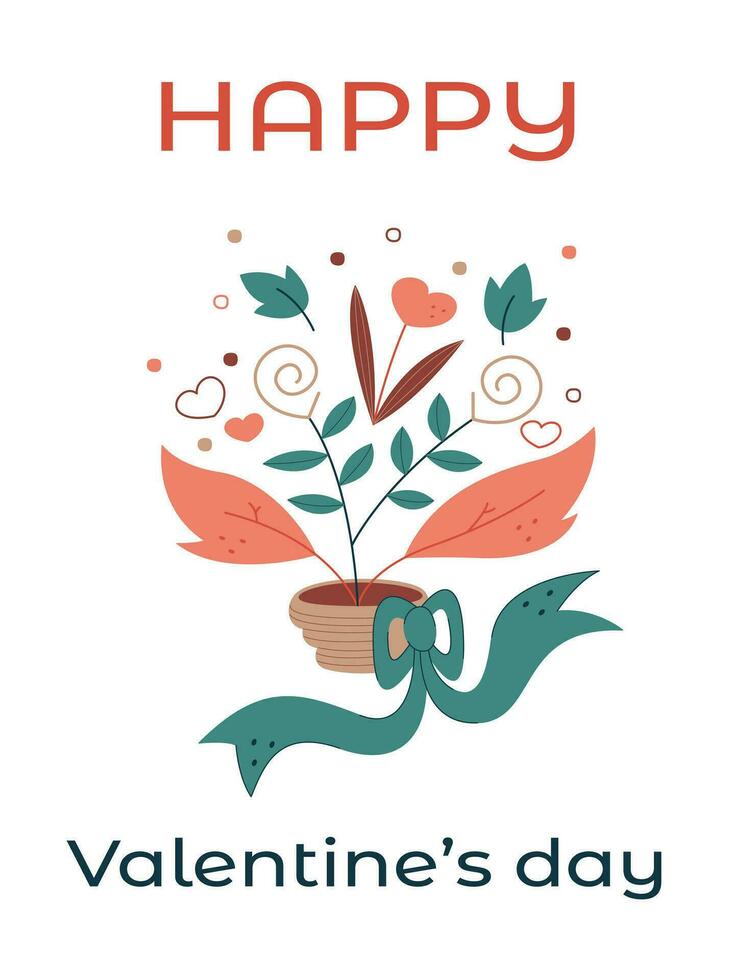 Valentine's Day greeting card with bouquet and text. Flat color vector illustration.