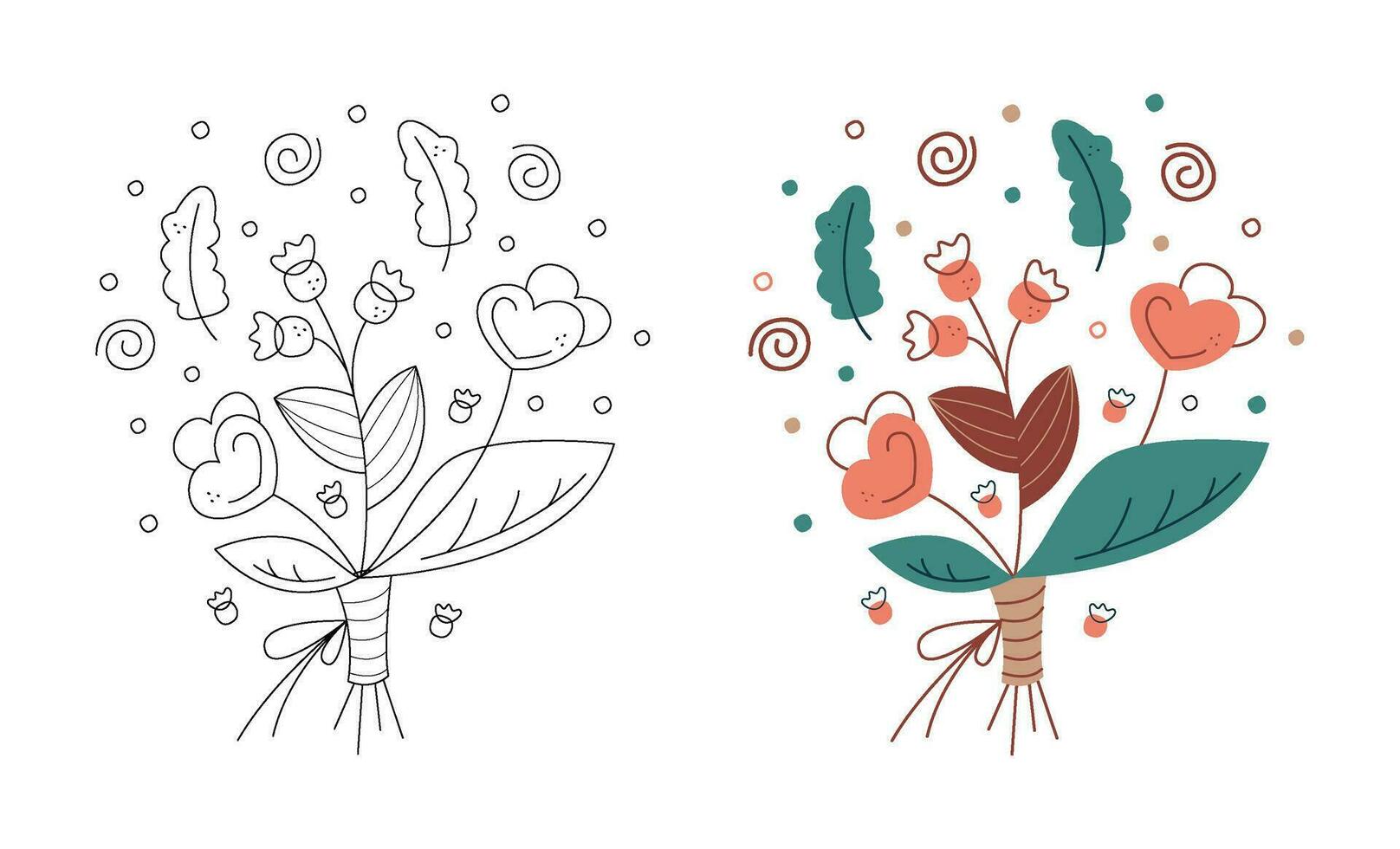 Two bouquets for Valentine's Day. Flat color, white and black vector illustration.