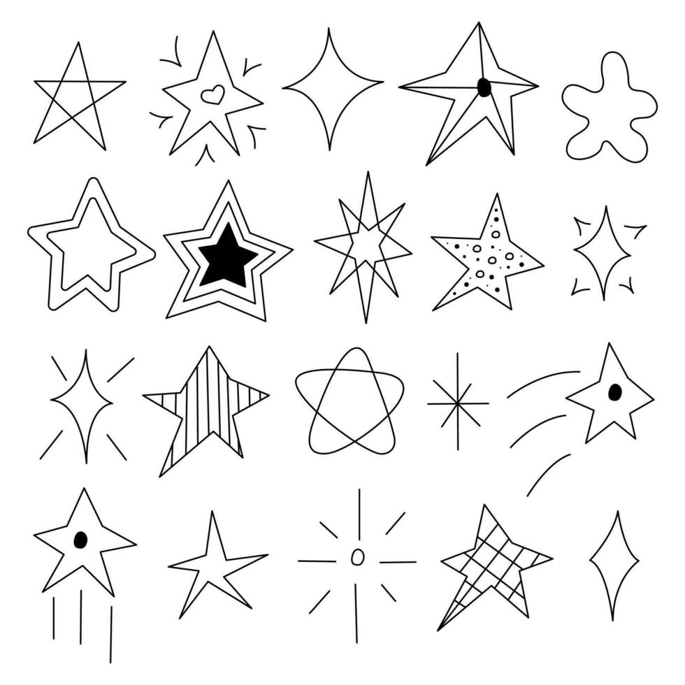 Doodle stars set. Clip art white and black vector illustration.