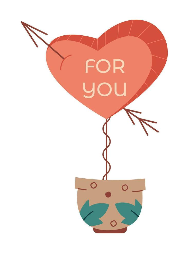 Heart with an arrow and a text for Valentine's Day in a pot. Flat color vector illustration.