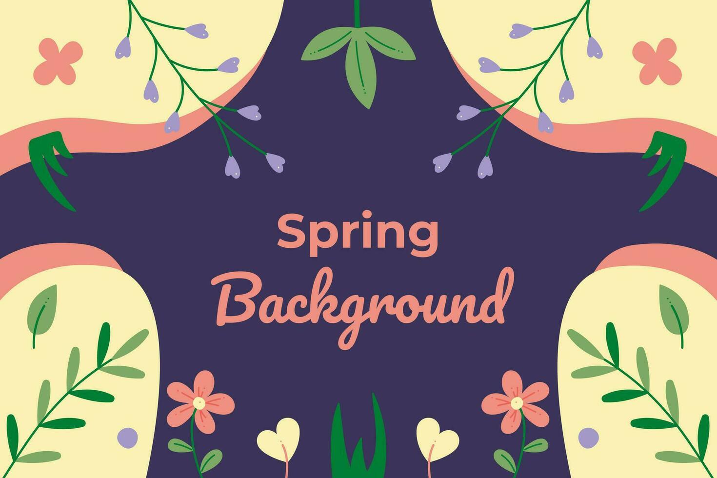 Spring background. Includes flowers, leaves, branches, text and abstract shapes. Flat color vector illustration.