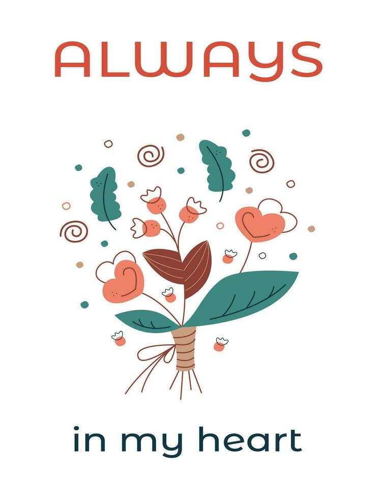 Valentine's Day greeting card with bouquet. Flat color vector illustration.