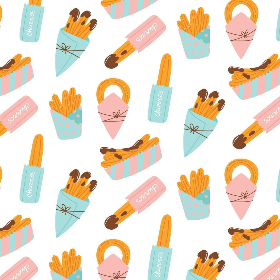 Seamless pattern with churros. Vector illustration in hand drawn flat style. Pattern with chocolate churros in a paper bag.