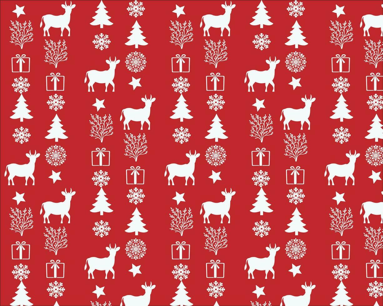 Fun Pattern with Christmas Trees and Snowflakes on Red vector