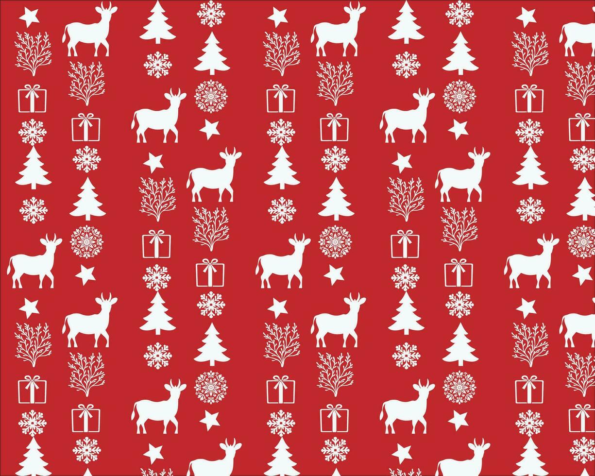 Fun Pattern with Christmas Trees and Snowflakes on Red vector