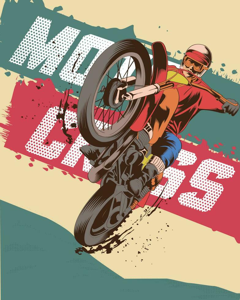 Poster illustration in retro style featuring a moto racer riding a motocross motorbike vector