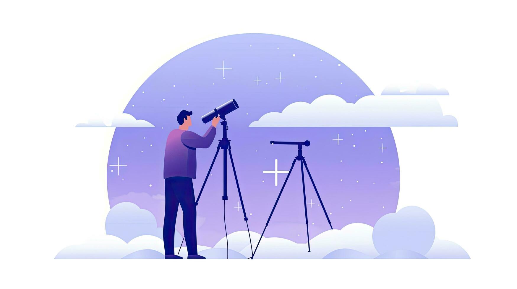 AI generated Minimalist UI illustration of an astronomer gazing through a telescope in a flat illustration style on a white background. photo