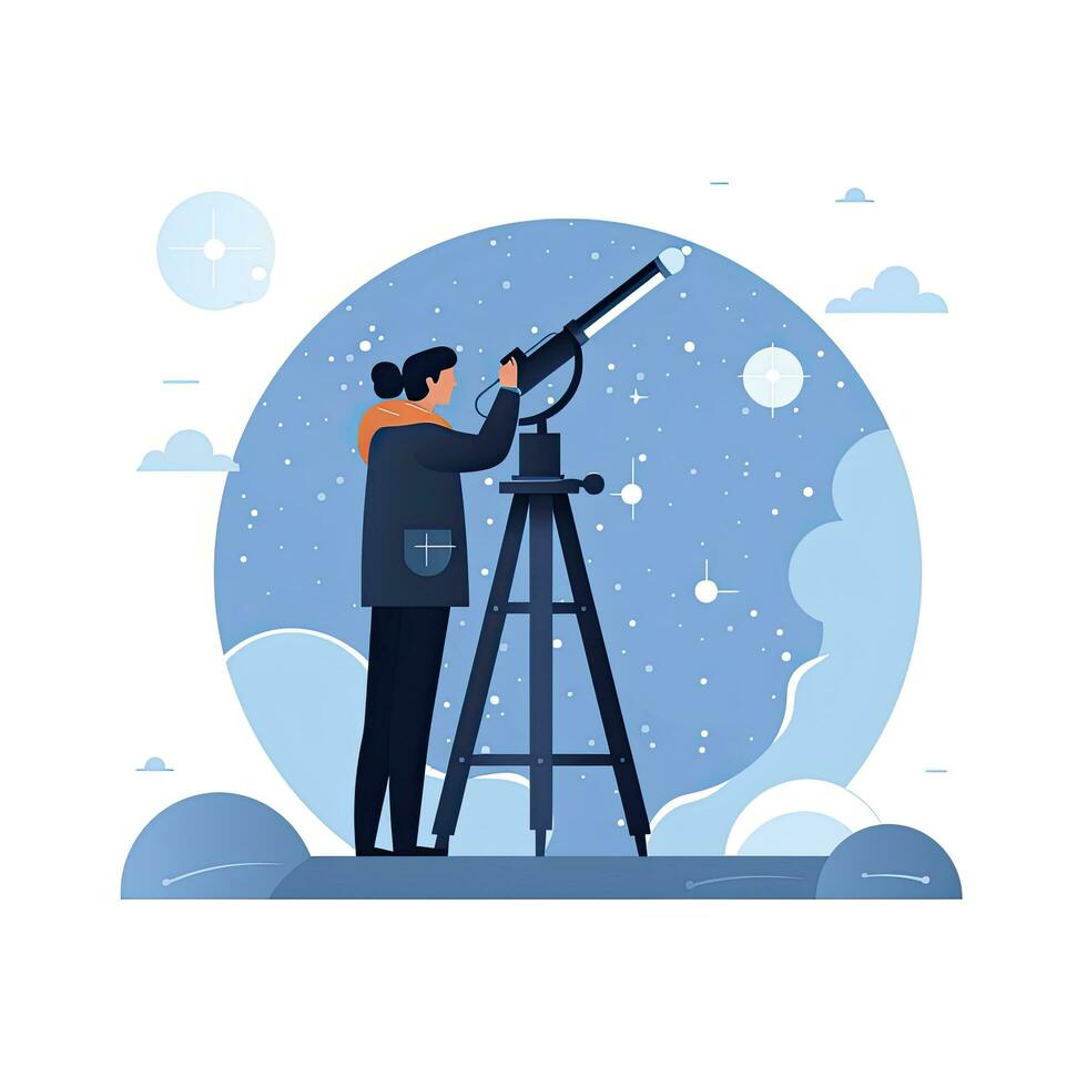 AI generated Minimalist UI illustration of an astronomer gazing through a telescope in a flat illustration style on a white background. photo