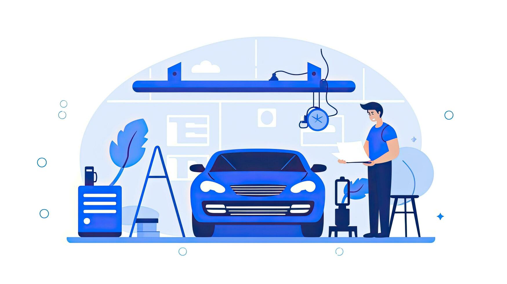 AI generated Minimalist UI illustration of a mechanic repairing a car in a flat illustration style on a white background photo