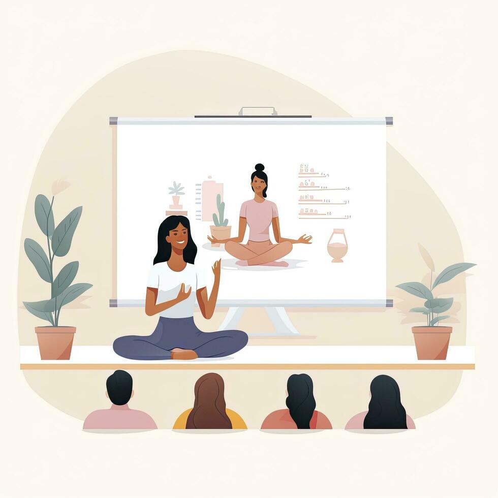 ai generado minimalista ui ilustración de un yoga instructor enseñando un clase en un plano ilustración estilo en un blanco antecedentes foto