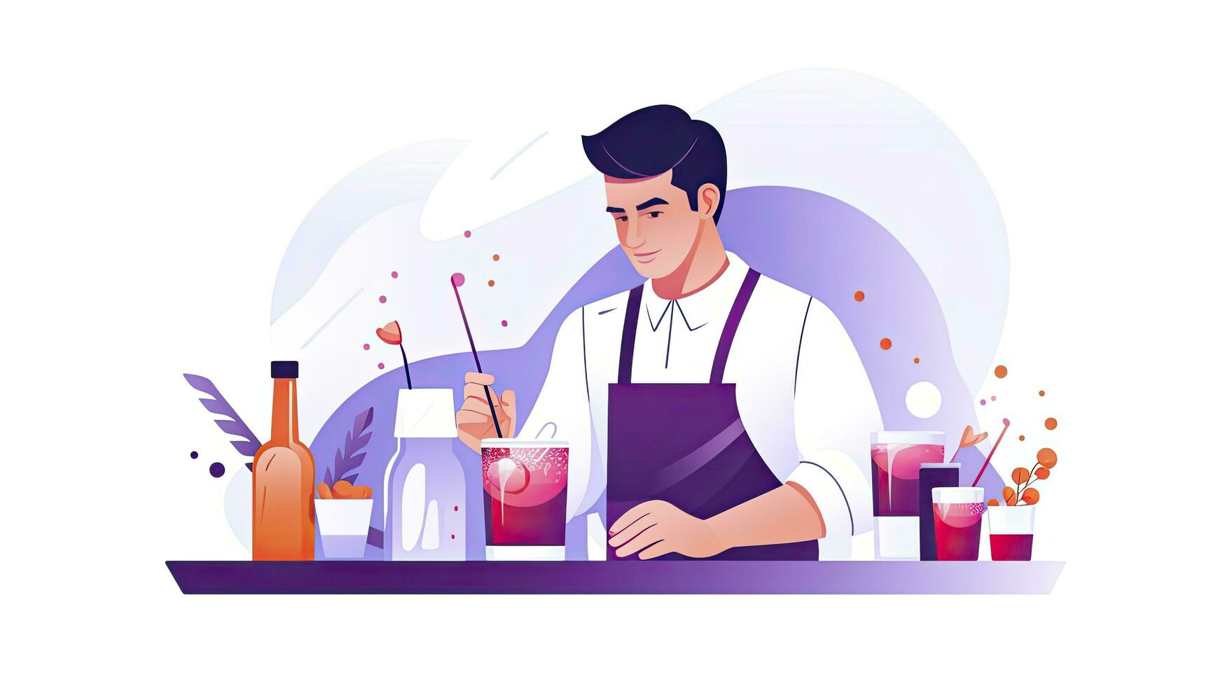 AI generated Minimalist UI illustration of a mixologist crafting cocktails in a flat illustration style on a white background. photo