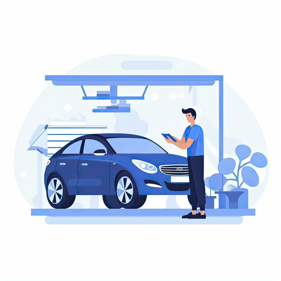 AI generated Minimalist UI illustration of a mechanic repairing a car in a flat illustration style on a white background photo