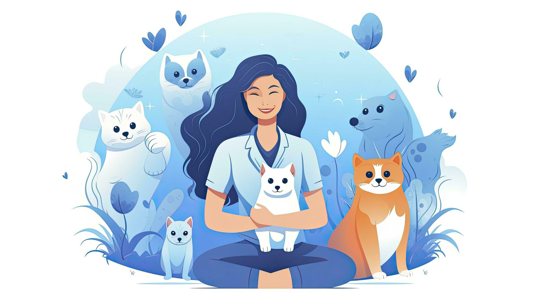 AI generated Minimalist UI illustration of a veterinarian caring for animals in a flat illustration style on a white background photo