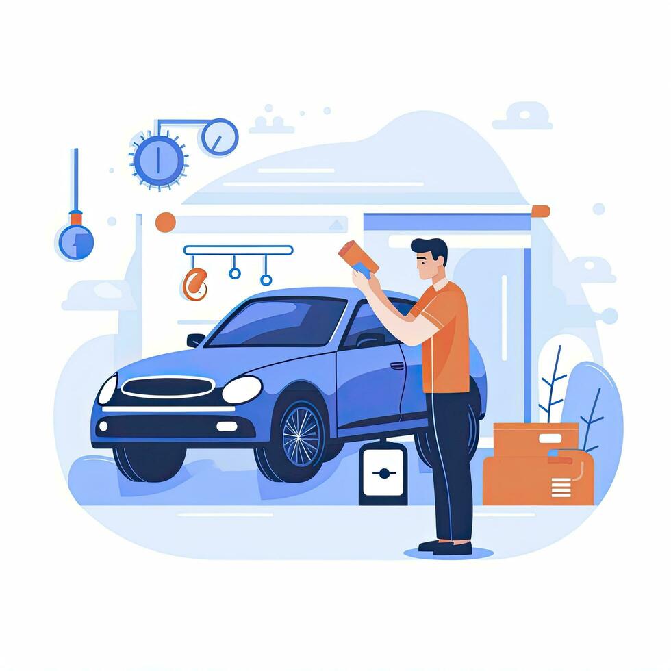 AI generated Minimalist UI illustration of a mechanic repairing a car in a flat illustration style on a white background photo