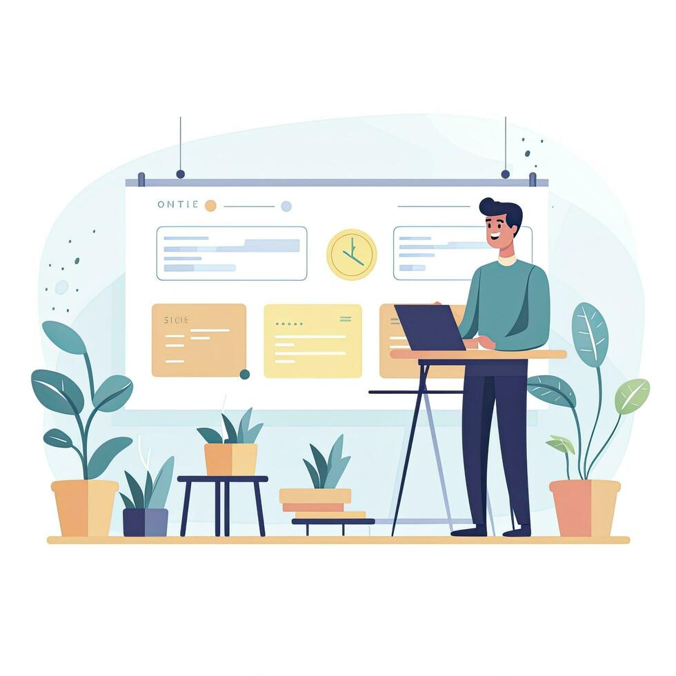 AI generated Minimalist UI illustration of a teacher giving an online lecture in a flat illustration style on a white background photo