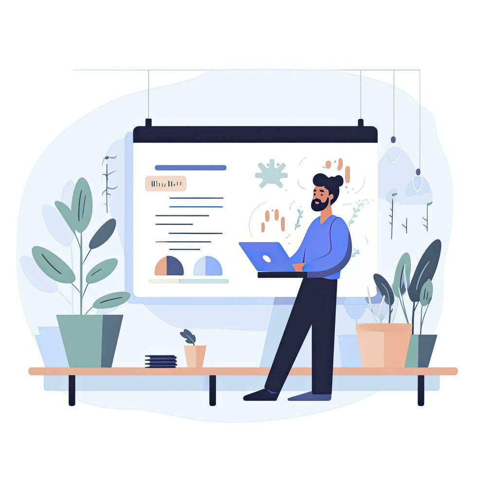 AI generated Minimalist UI illustration of a teacher giving an online lecture in a flat illustration style on a white background photo