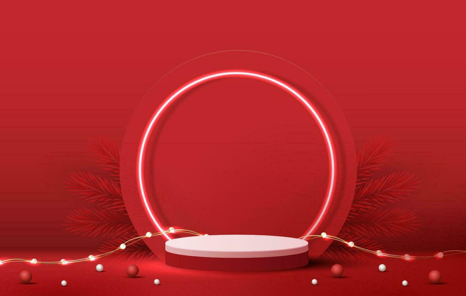 forma de podio para mostrar la exhibición de productos cosméticos para el día de navidad o año nuevo. escaparate de productos de pie sobre fondo rojo con árbol de navidad. diseño vectorial vector