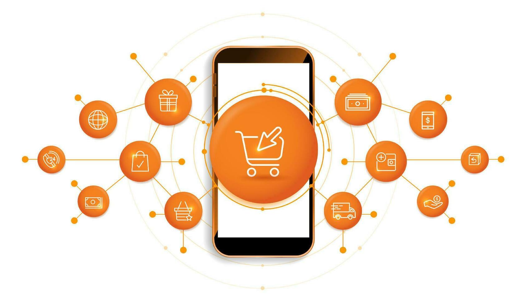 Online shopping digital technology in smartphones with icon on white background. digital fantastic. e-commerce online store marketing for advertising design. internet supermarket connect. vector. vector