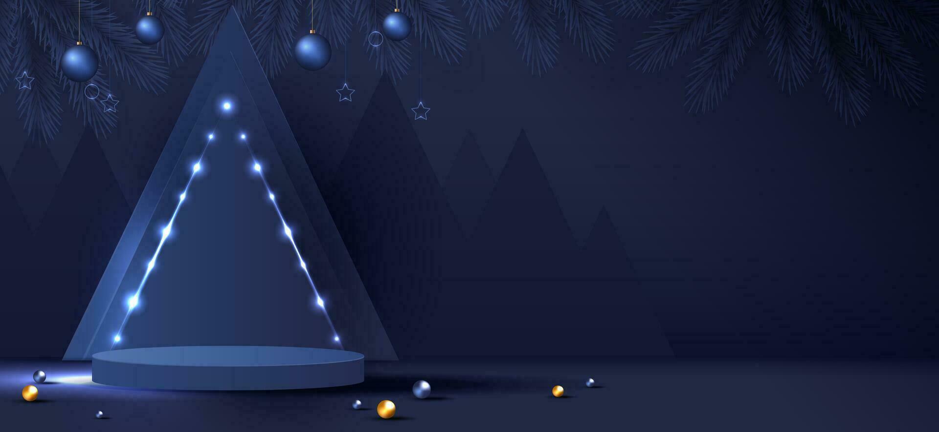 Podium shape for show cosmetic product display for Christmas day or New Years. Stand product showcase on blue background with tree, ball and stars christmas. vector design.