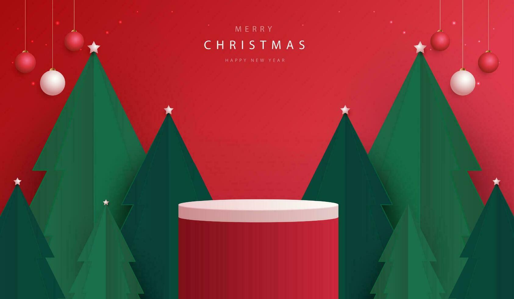 Podium shape for show cosmetic product display for Christmas day or New Years. Stand product showcase on red background with tree christmas. vector design.