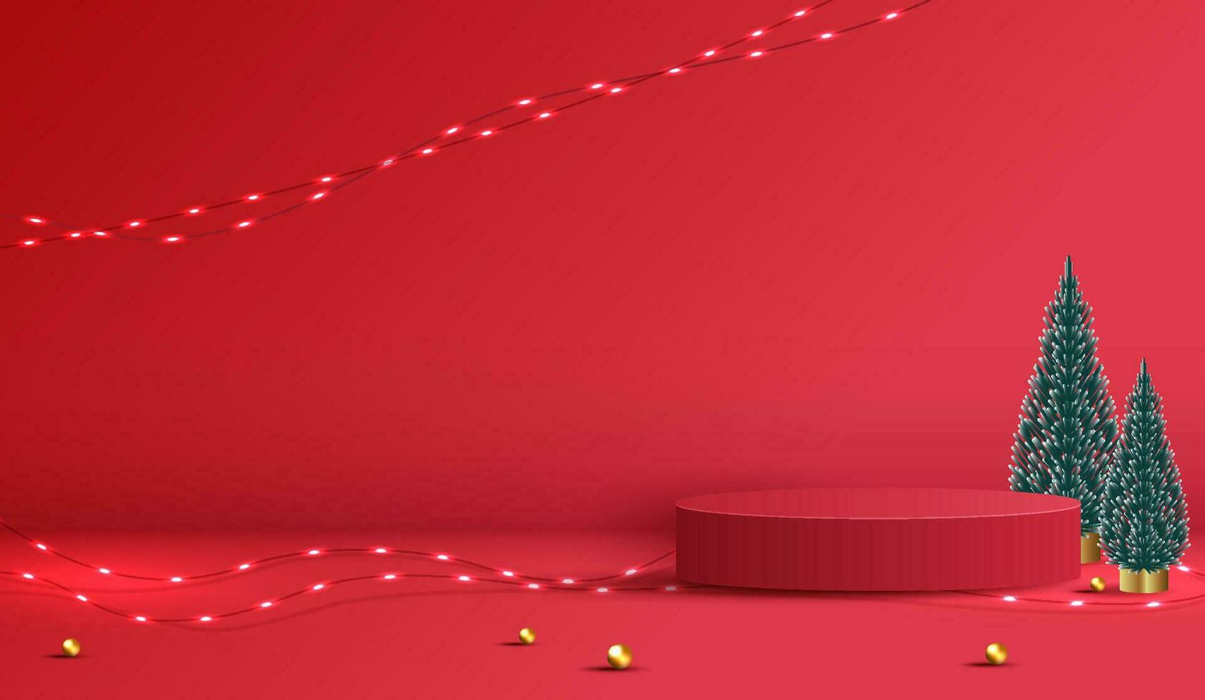 Podium shape for show cosmetic product display for christmas day or new years. stand product showcase on red background with tree christmas, golden ball and light. vector design.
