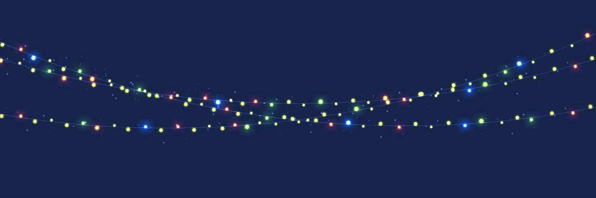 Christmas lights design elements. Glowing lights for christmas holiday on blue background. garlands, christmas party decorations. vector design.