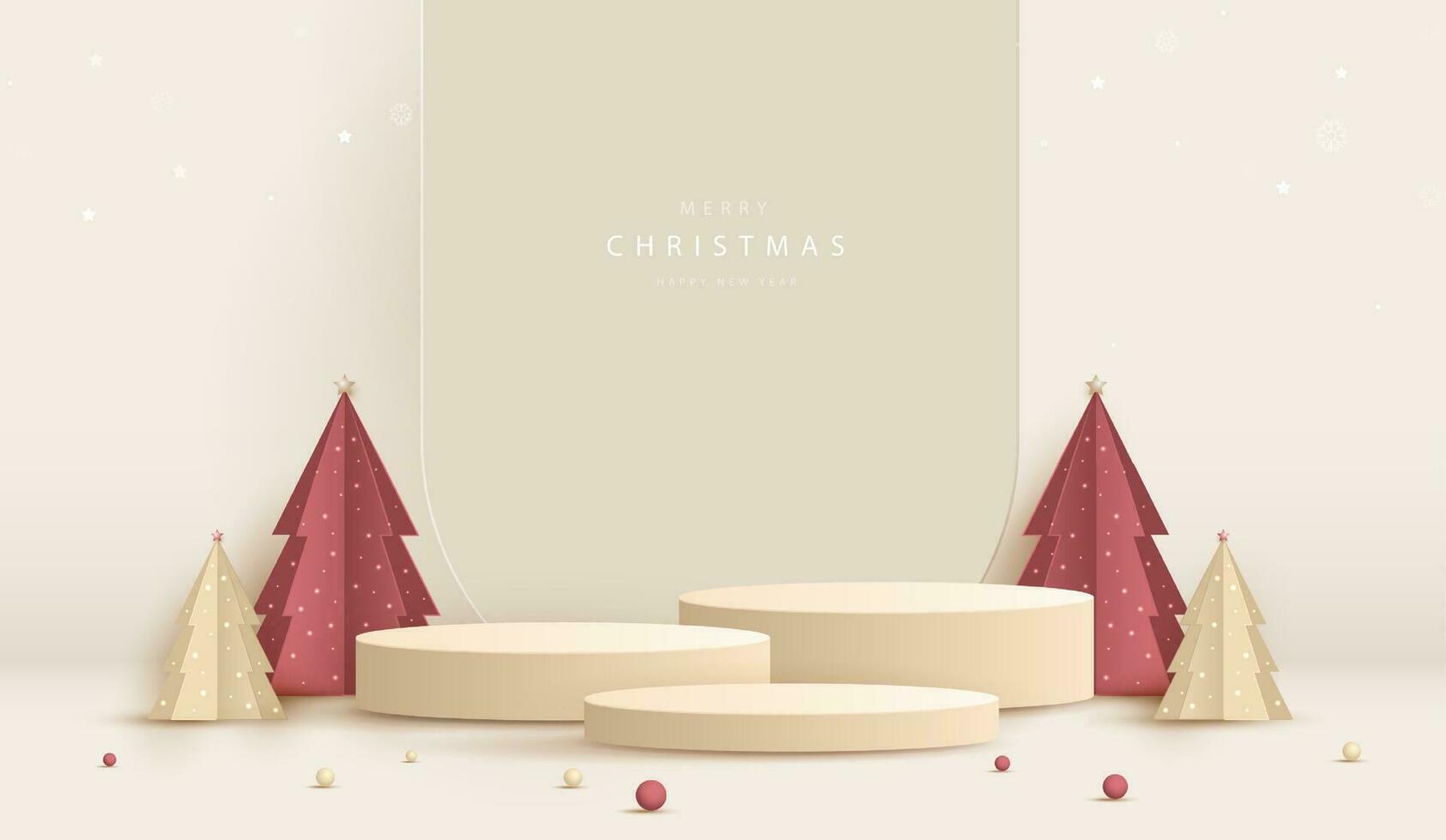 Podium shape for show cosmetic product display for christmas day or new years. Stand product showcase minimal on cream background with tree christmas. vector design.