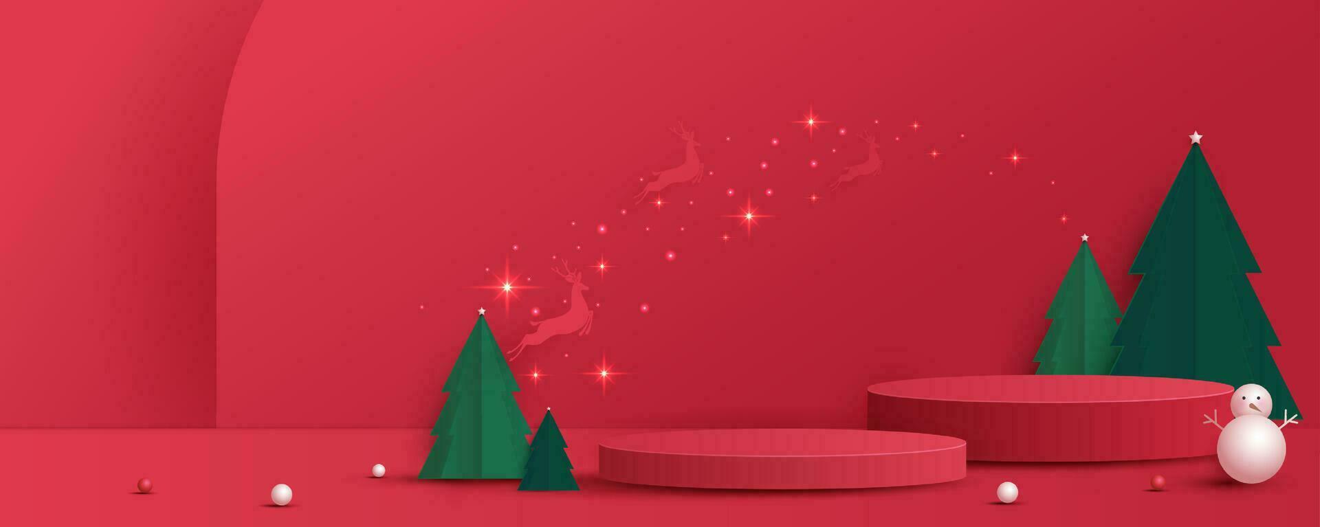 Podium shape for show cosmetic product display for Christmas day or New Years. Stand product showcase on red background with tree christmas. vector design.