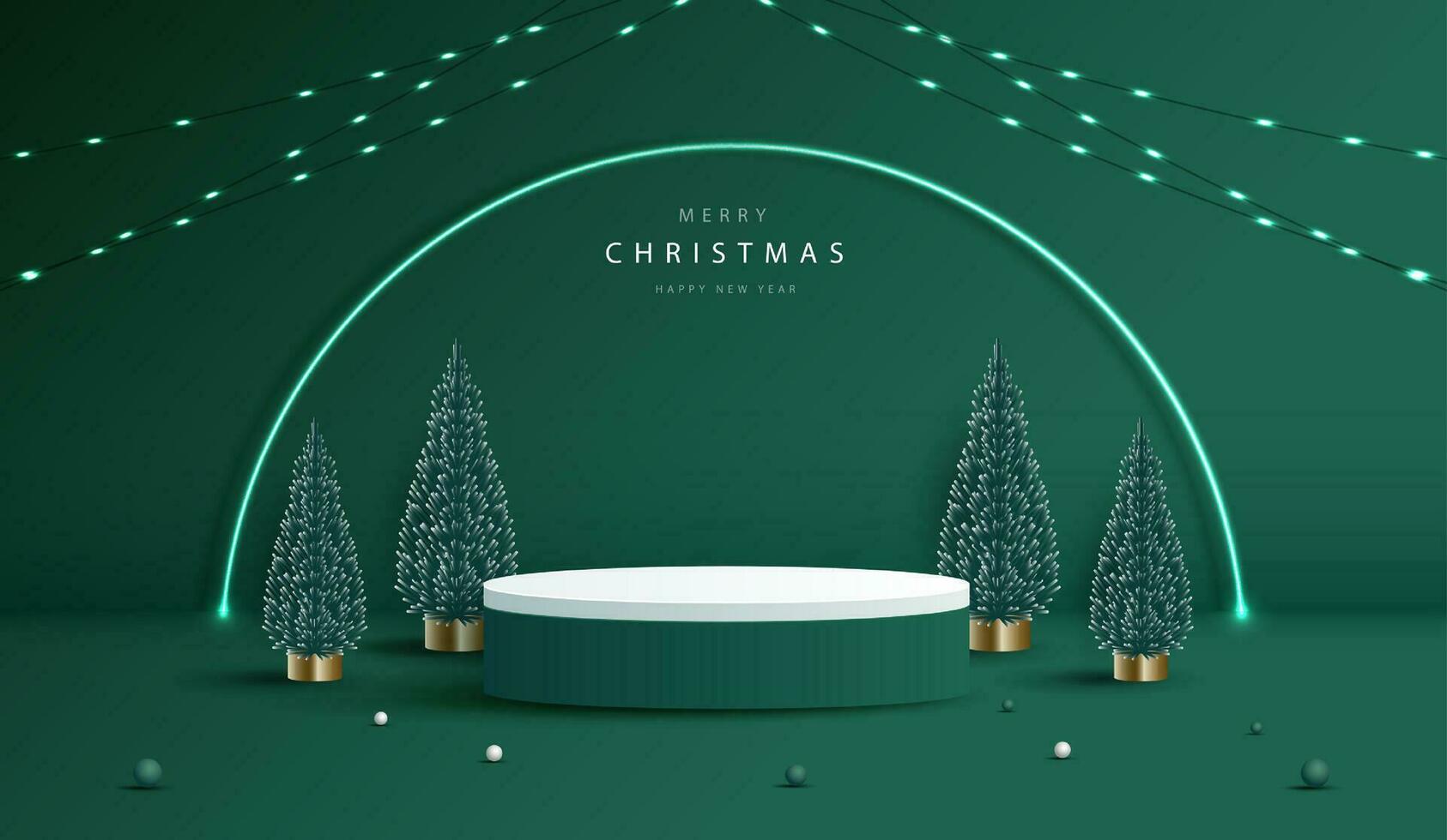 Podium shape for show cosmetic product display for christmas day or new years. stand product showcase on green background with tree, ball and light christmas. vector design.