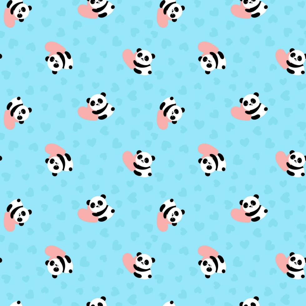 Seamless pattern with cute panda baby with heart on blue background. Funny asian animals. vector