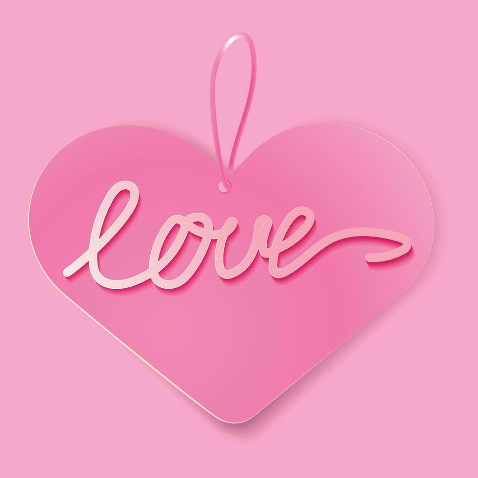 Realistic paper heart with the 3D word Love on a pink background.Cute element for Valentine's Day design.Heart shaped tag romantic concept art.Vector illustration. vector