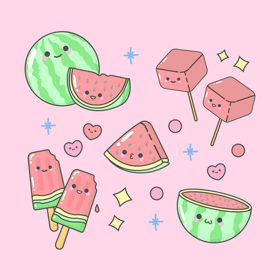Vector Watermelon Ice Cream Slice Fruit with cute facial expressions and pastel colour