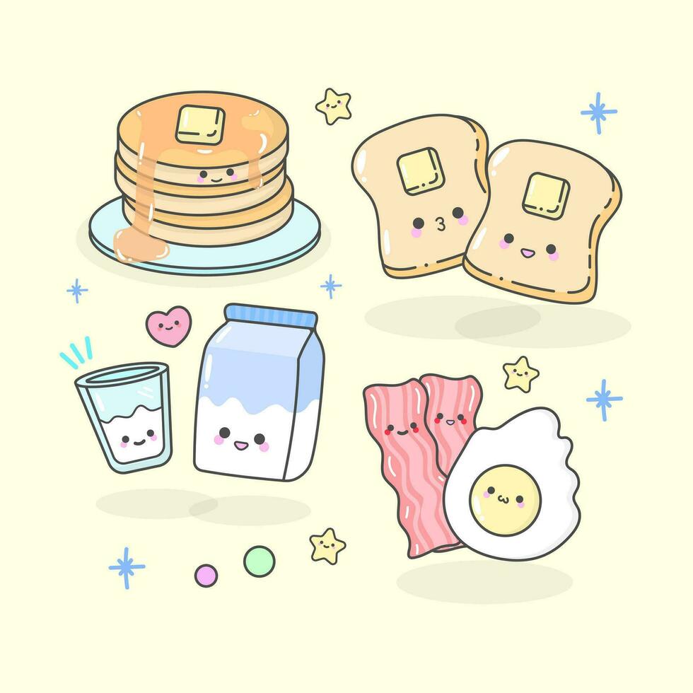 Vector Bacon Egg Bread Butter Pancake Milk with cute facial expressions and pastel colour