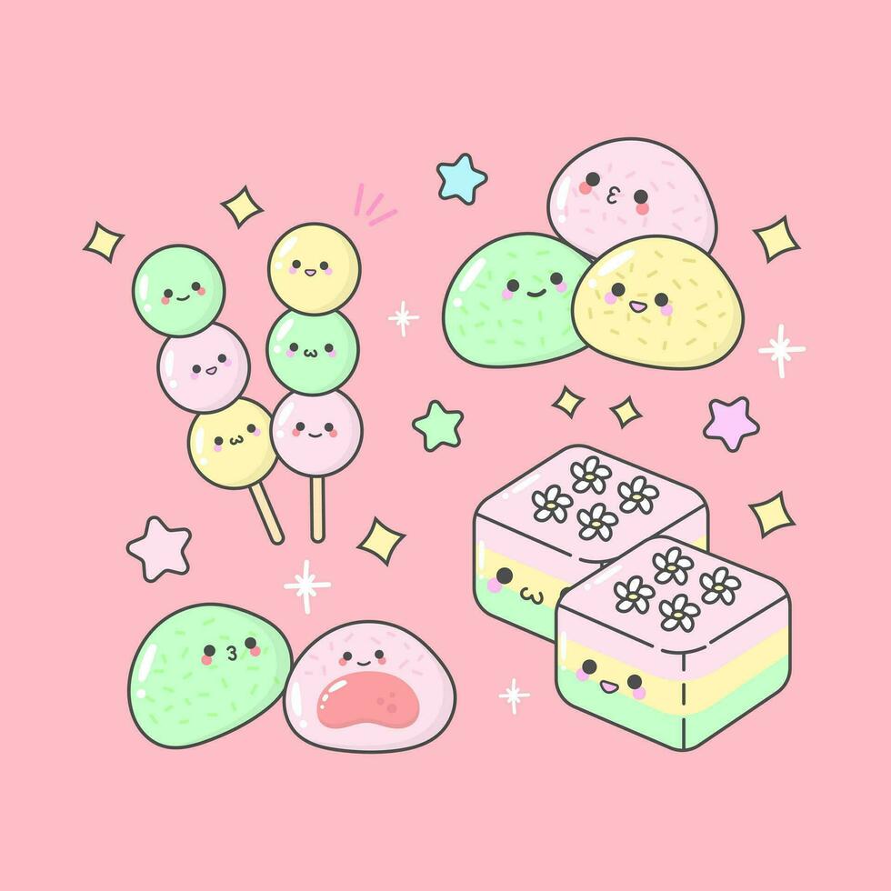 Vector Dimsum Bakpao Pastel Siomay with cute facial expressions and pastel colour