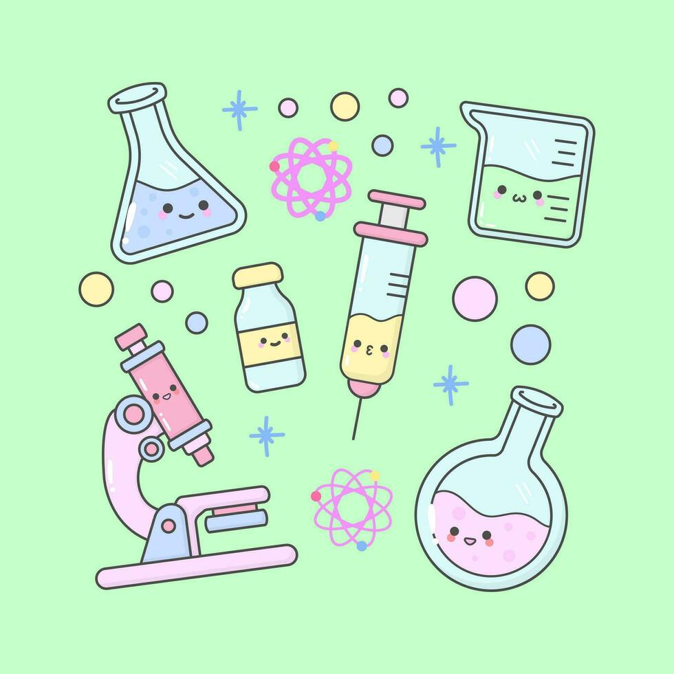 Vector Science Lab Microscope Drug Erlenmeyer with cute facial expressions and pastel colour