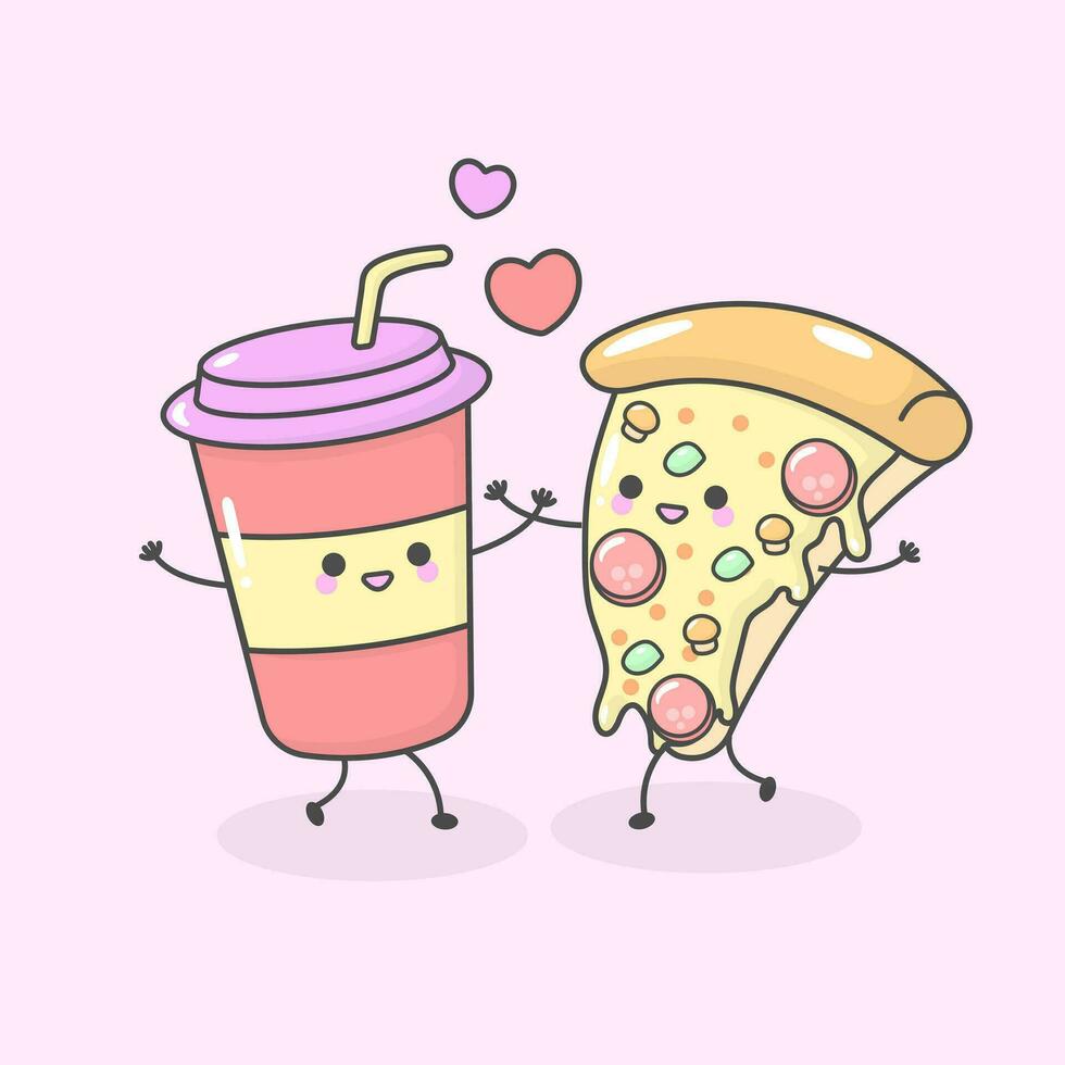 Vector Junk Food Fast Food Pizza Soda with cute facial expressions and pastel colour