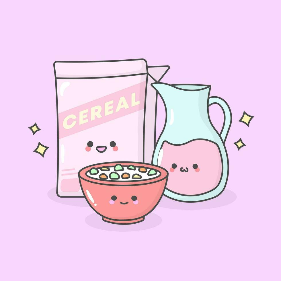 vector desayuno cereal Leche cuenco con linda facial expresiones y pastel color