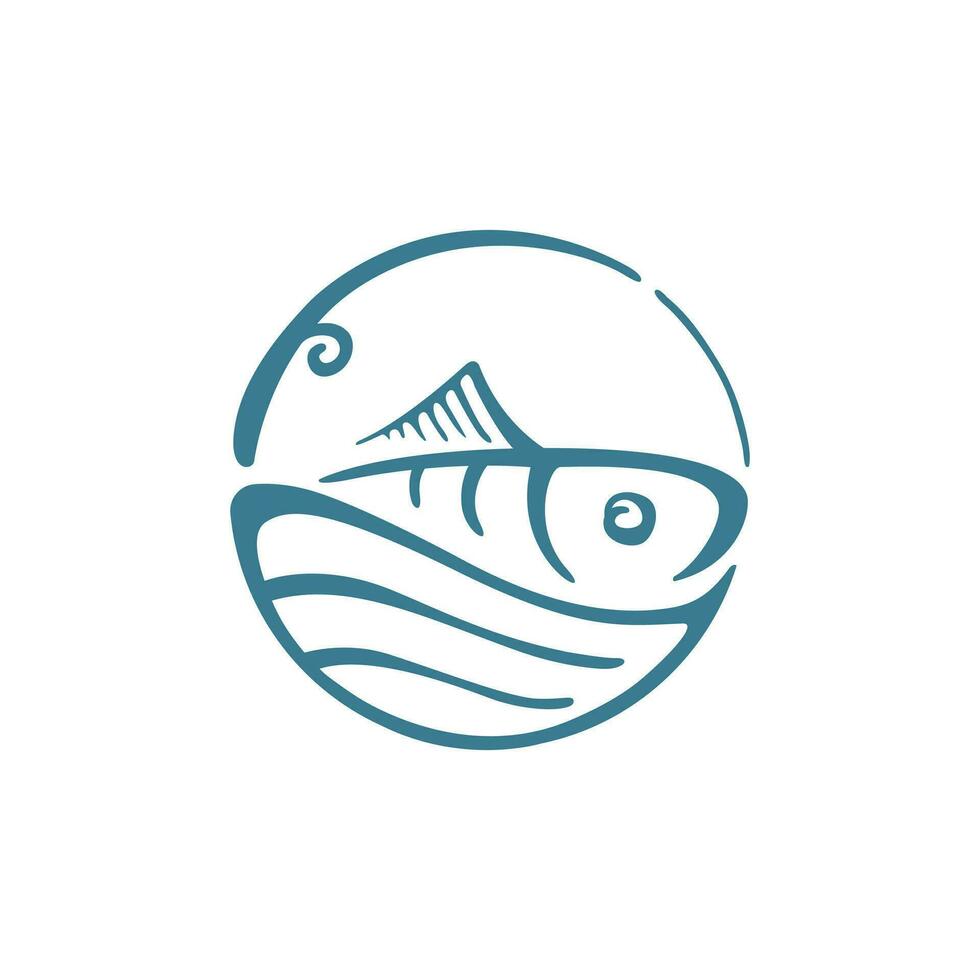 Circular Fish Logo with Fishing Rod and Water Waves - Unifying Elements for Fisheries, Maritime, River Industries, and Beyond. vector