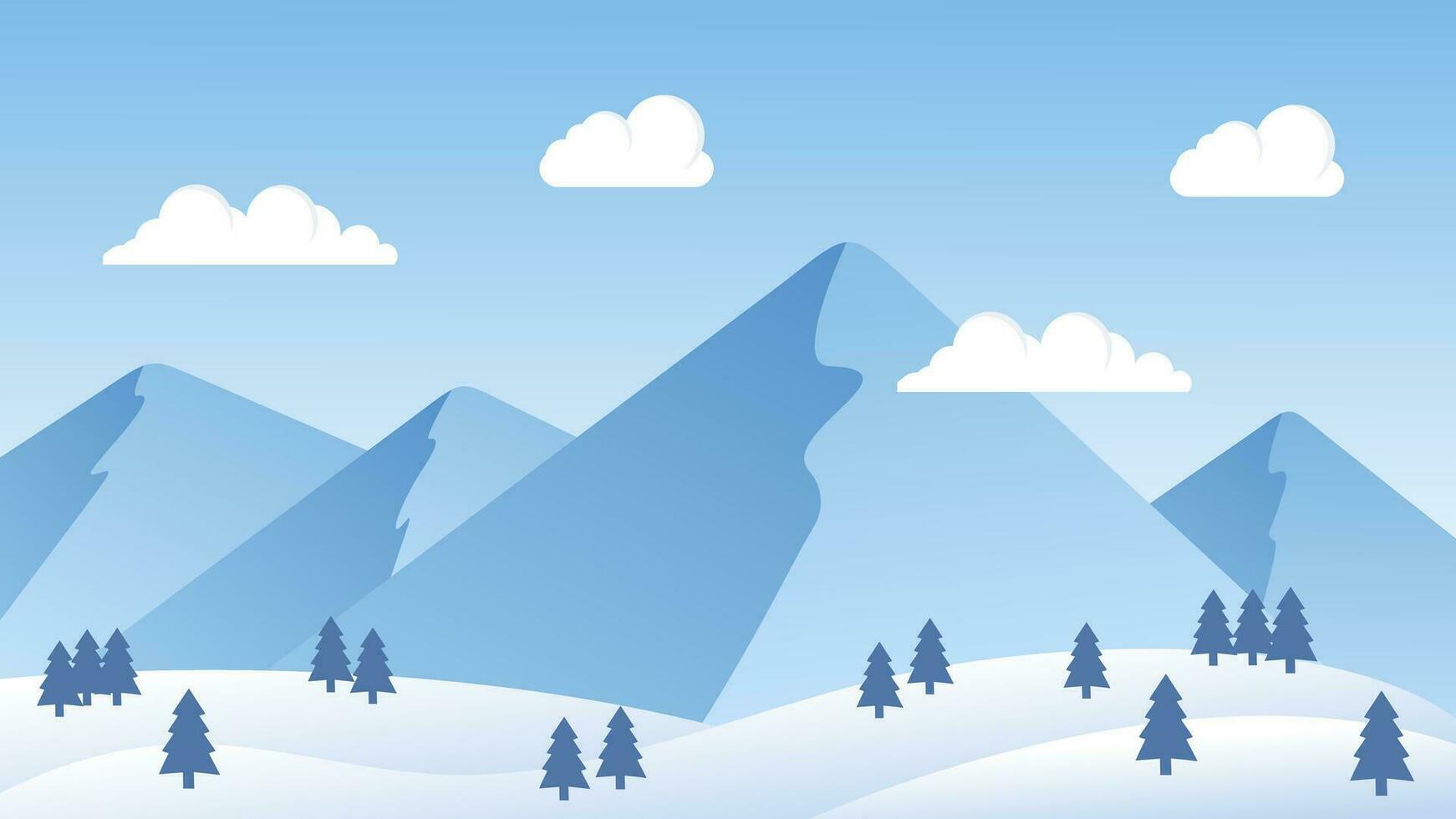 Winter mountain landscape illustration, blue vector background with winter snow theme, flat design style, vector illustration of snow hills, clouds and trees