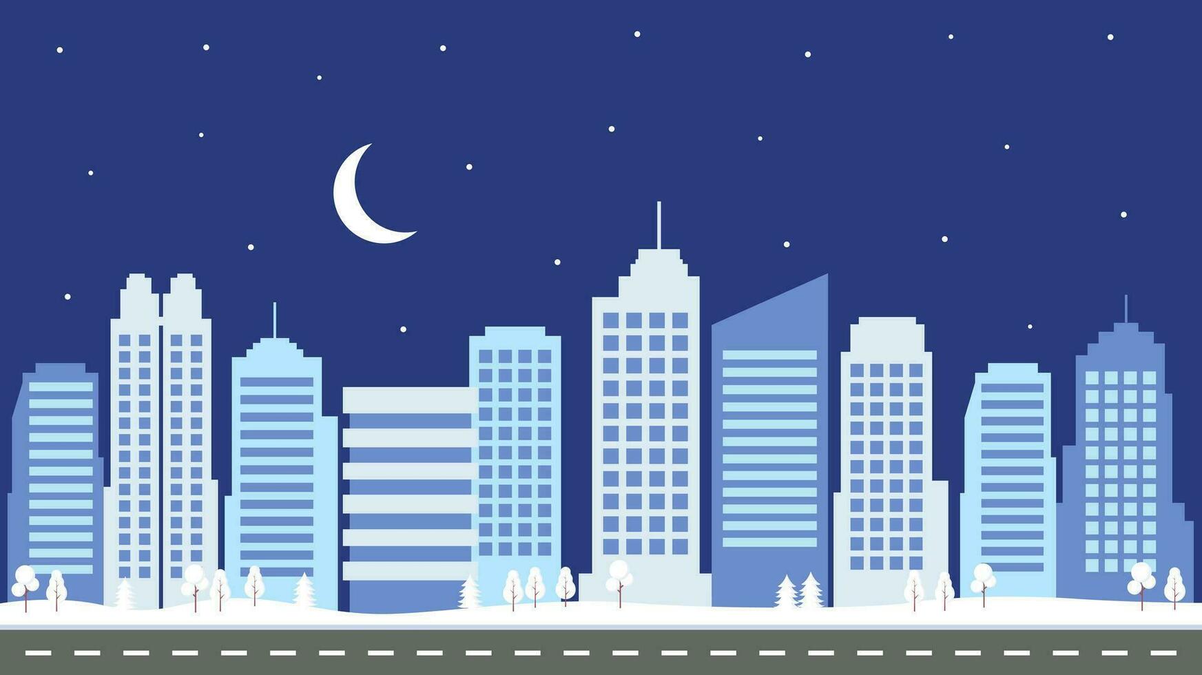 Night city buildings vector illustration. Urban architecture background, skyscrapers, roads and trees, winter city, snow wallpaper in flat design style