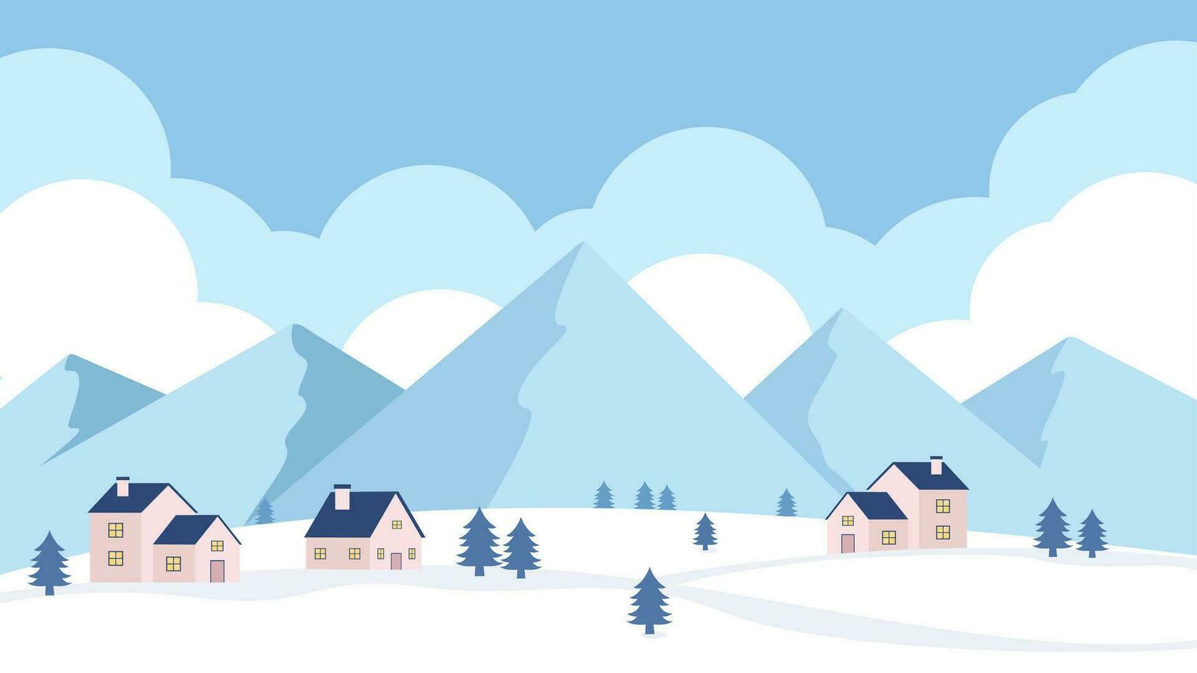 Vector illustration of a winter landscape with mountains, clouds, and houses. Flat design style with snow and cartoon elements, perfect for winter wallpaper